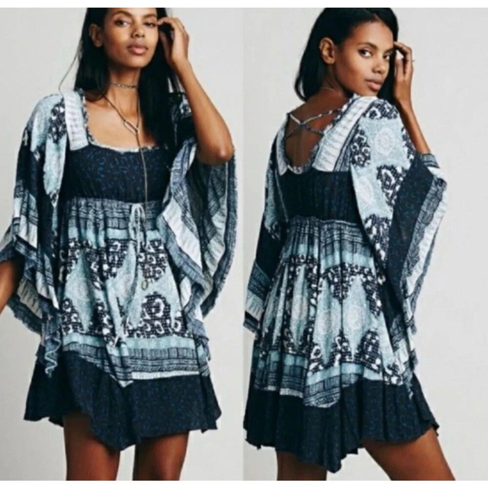 Free People Heart of Gold Mini Dress Blue Charcoal Sz Small Bell Sleeve Lined - Picture 2 of 10